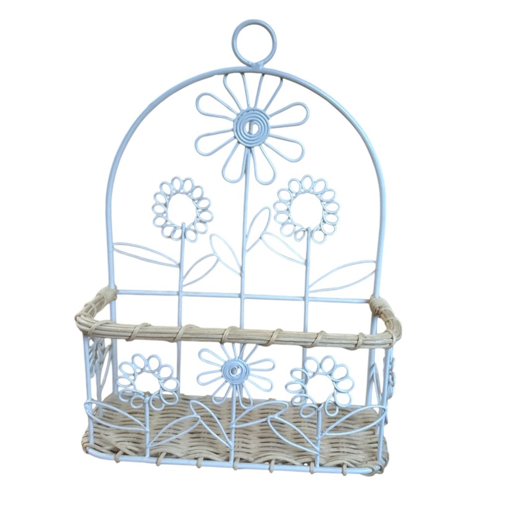 Vintage White and Tan Floral Wire Basket